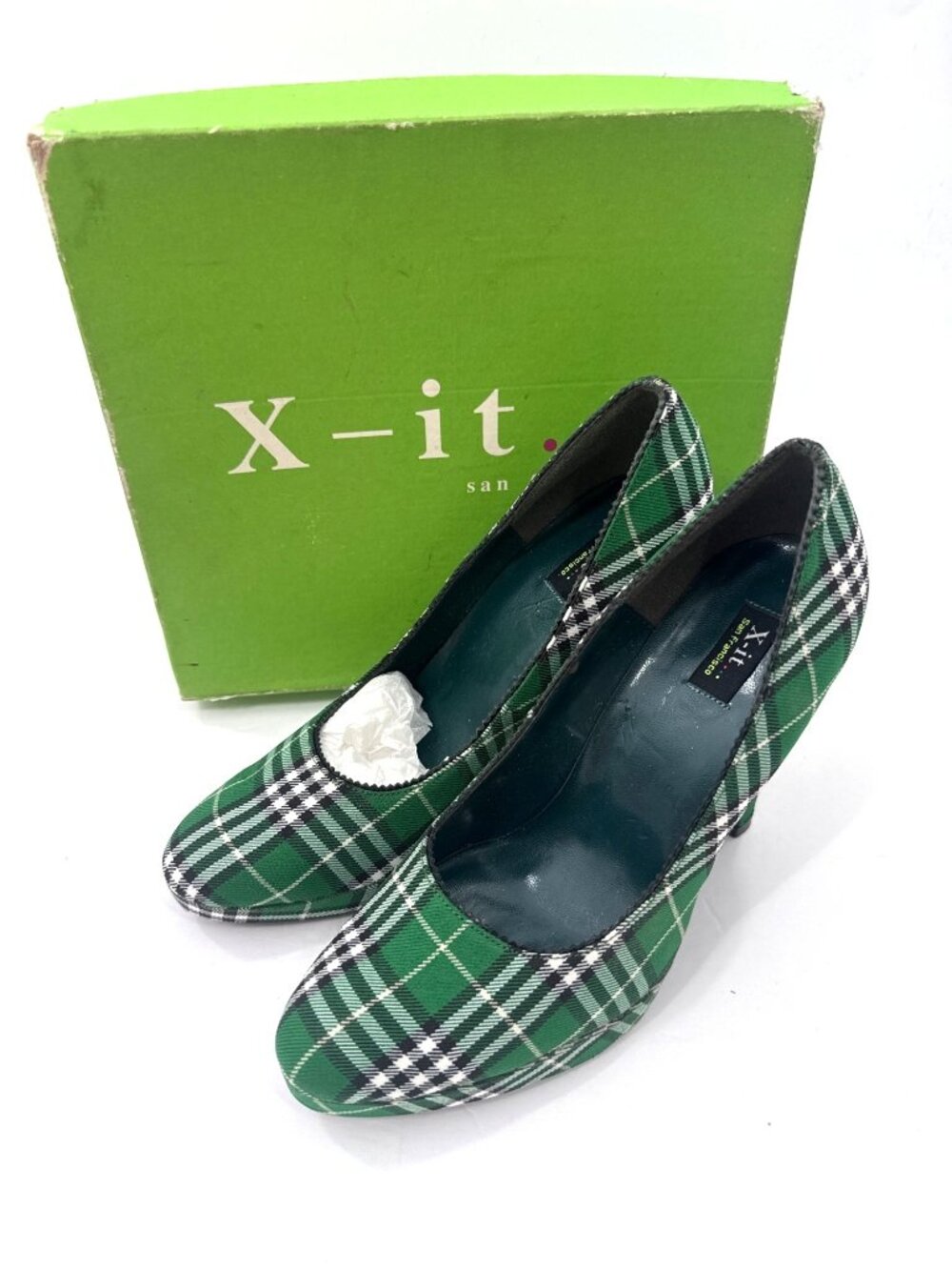 X-It San Francisco Vintage Early 2000s Green Plaid High Heel Pumps Size 7